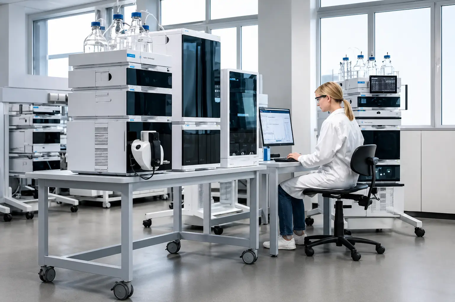 Modern pharmaceutical laboratory workspace with scientist performing HPLC analysis